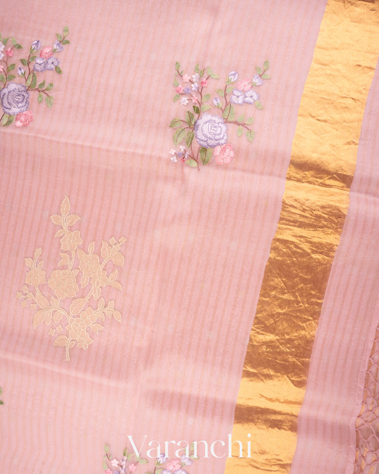 Baby Pink Floral Applique and Embroidered Pure Kora Silk Saree