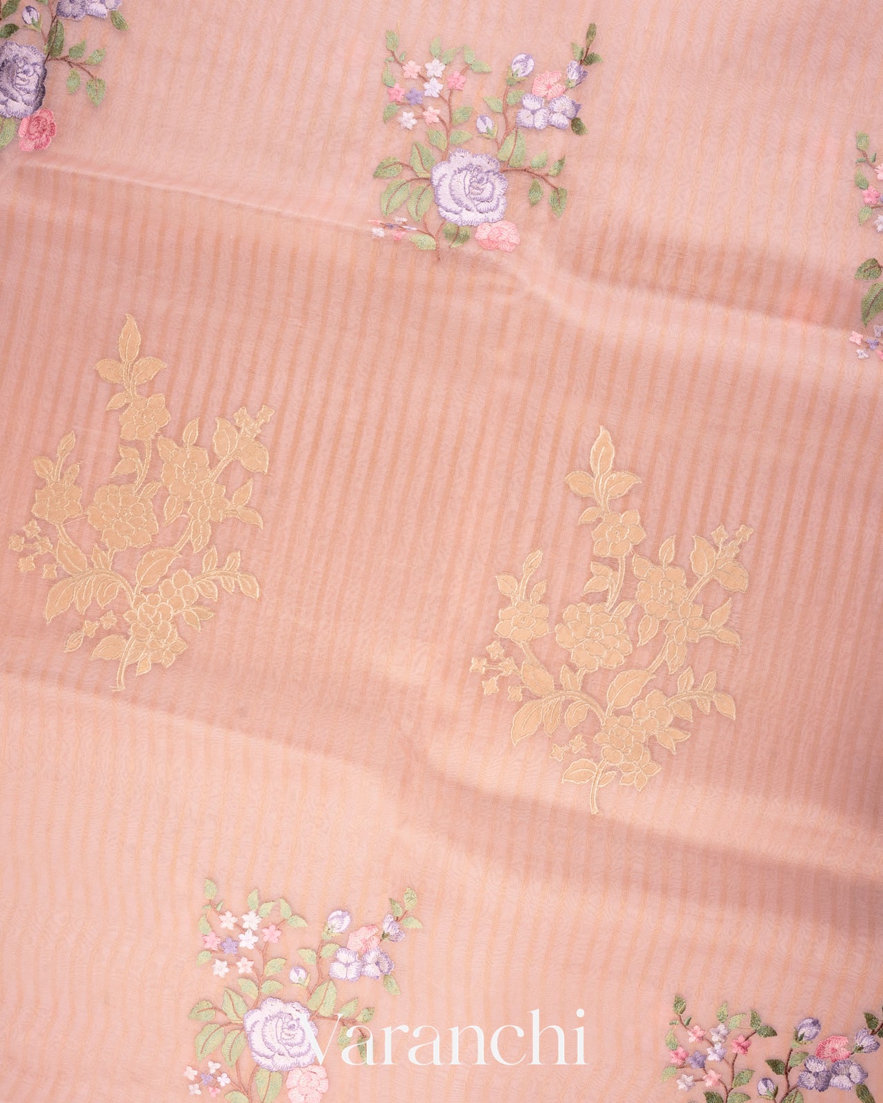 Baby Pink Floral Applique and Embroidered Pure Kora Silk Saree