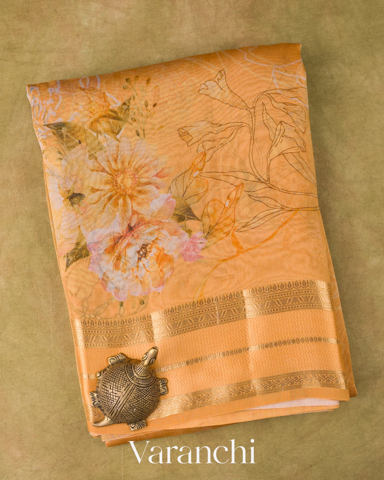 Muskmelon Orange Floral Printed Pure Kora Silk Saree
