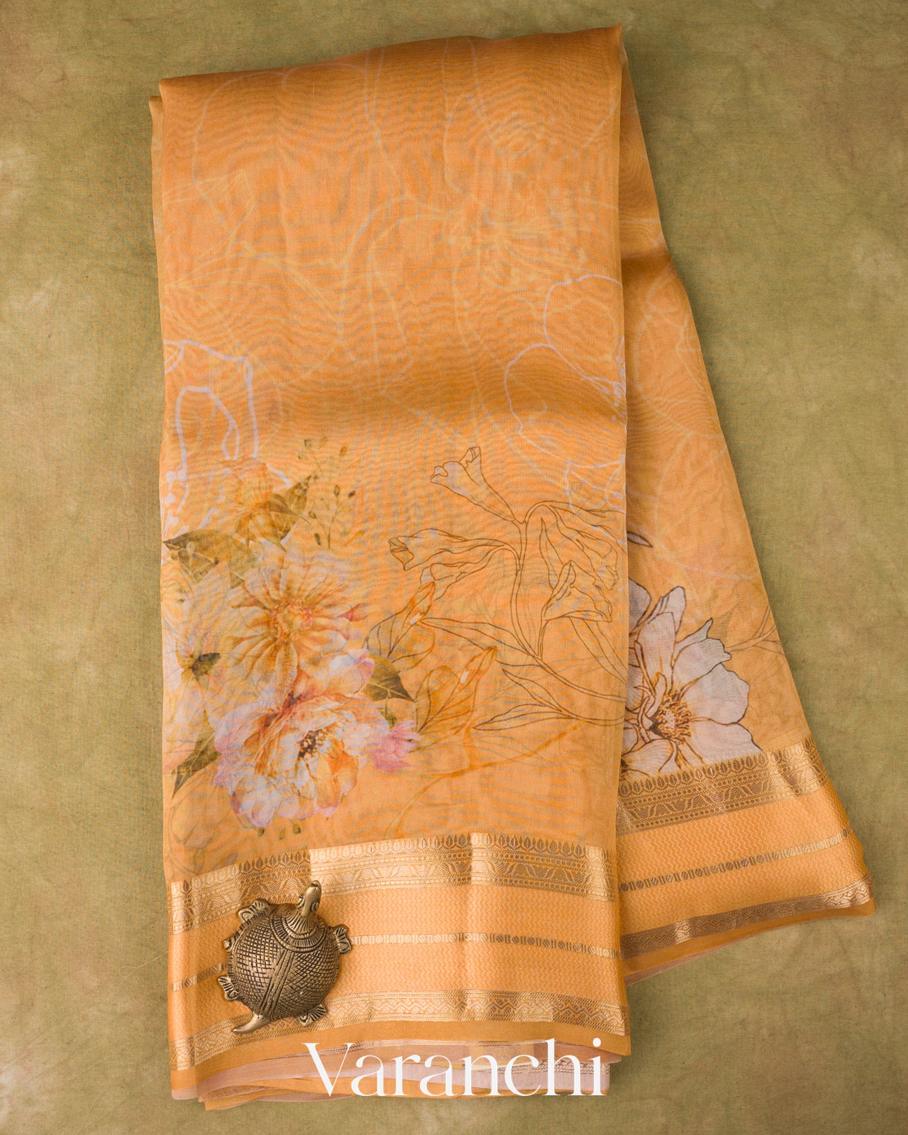 Muskmelon Orange Floral Printed Pure Kora Silk Saree