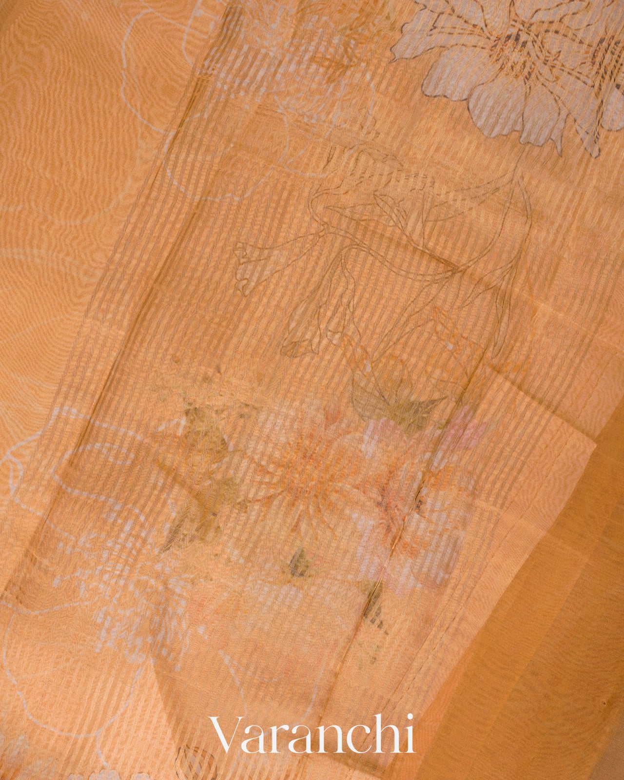 Muskmelon Orange Floral Printed Pure Kora Silk Saree