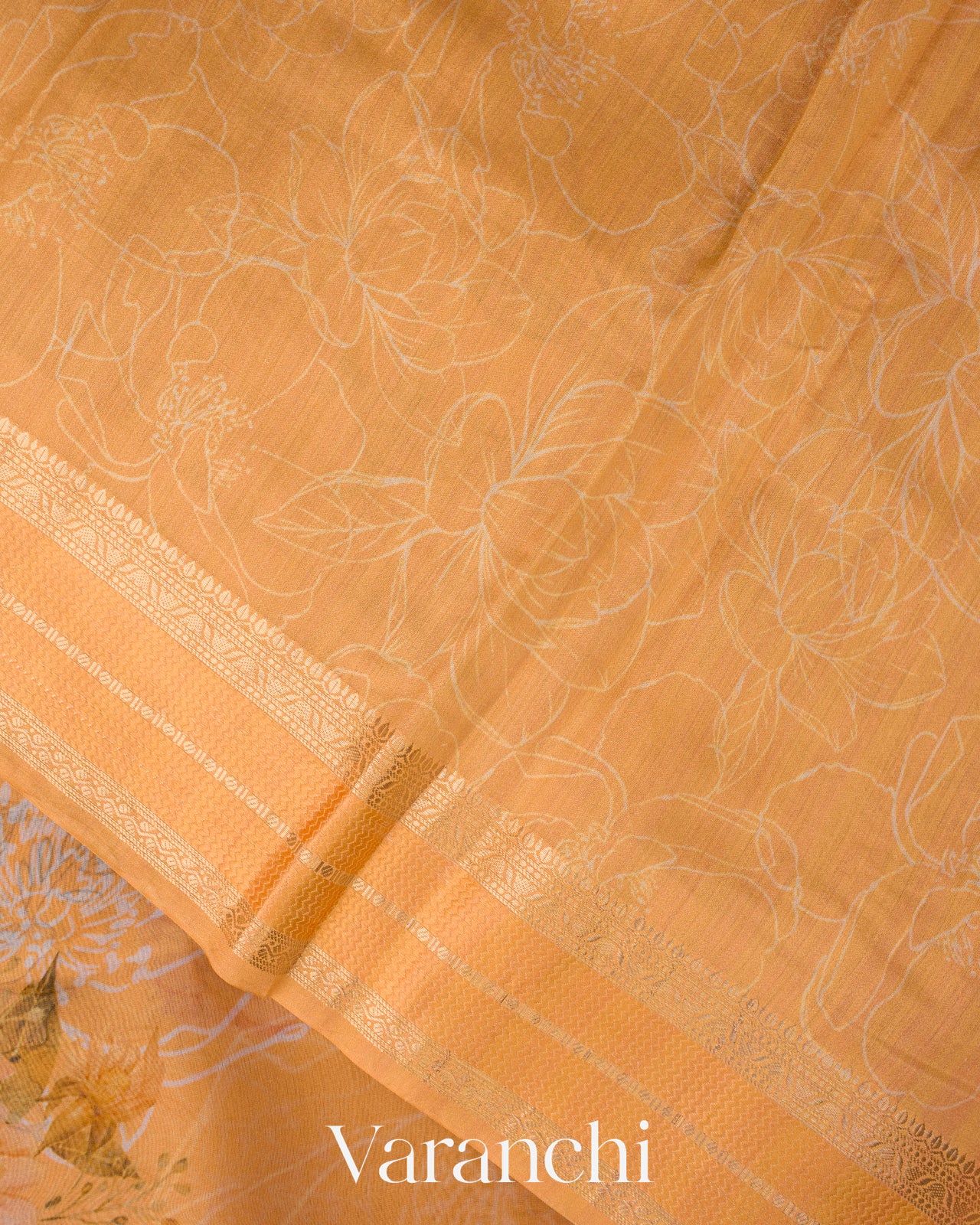 Muskmelon Orange Floral Printed Pure Kora Silk Saree