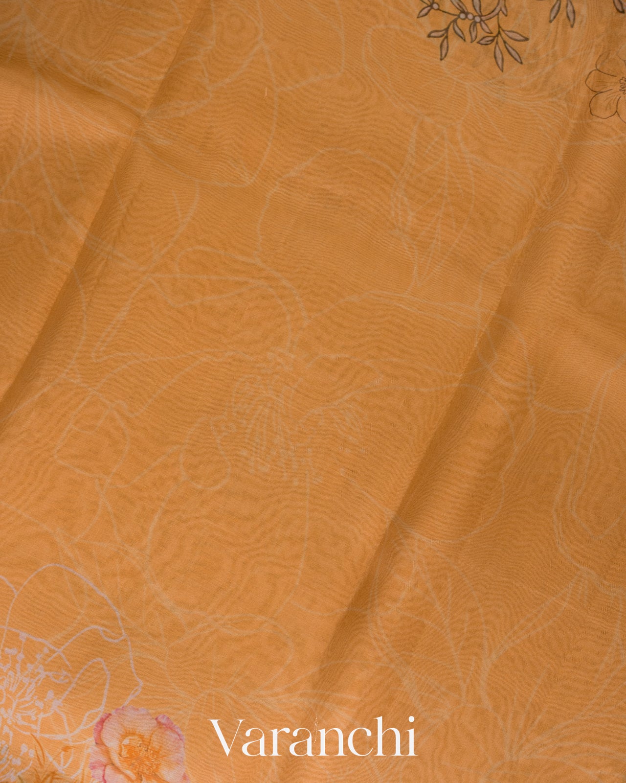 Muskmelon Orange Floral Printed Pure Kora Silk Saree
