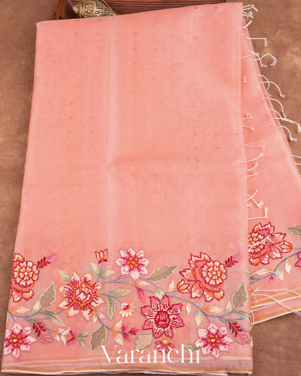 Baby Pink Cross Stitch Embroidered Pure Kora Silk Saree