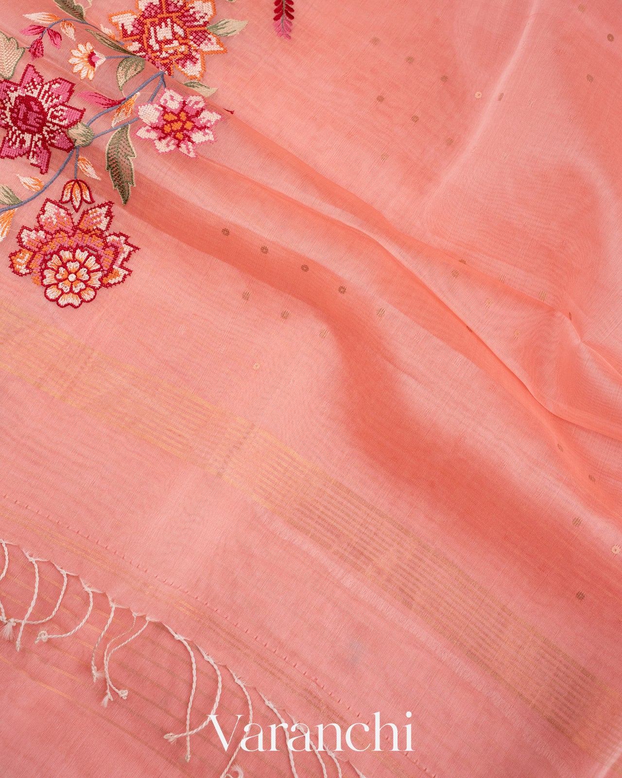 Baby Pink Cross Stitch Embroidered Pure Kora Silk Saree