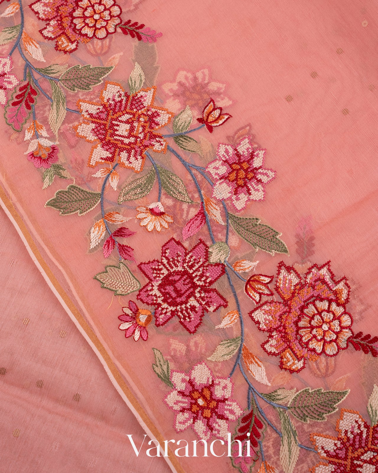 Baby Pink Cross Stitch Embroidered Pure Kora Silk Saree
