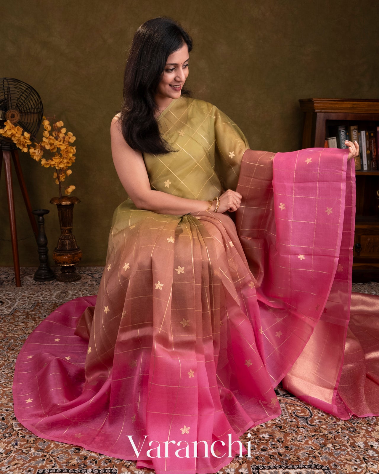 Pink Floral Embroidered Ombre-Dyed Pure Tissue Kora Silk Saree 