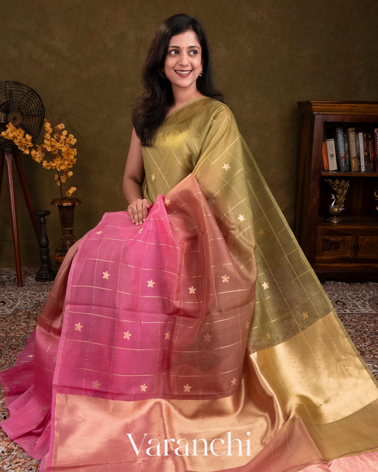 Pink Floral Embroidered Ombre-Dyed Pure Tissue Kora Silk Saree 