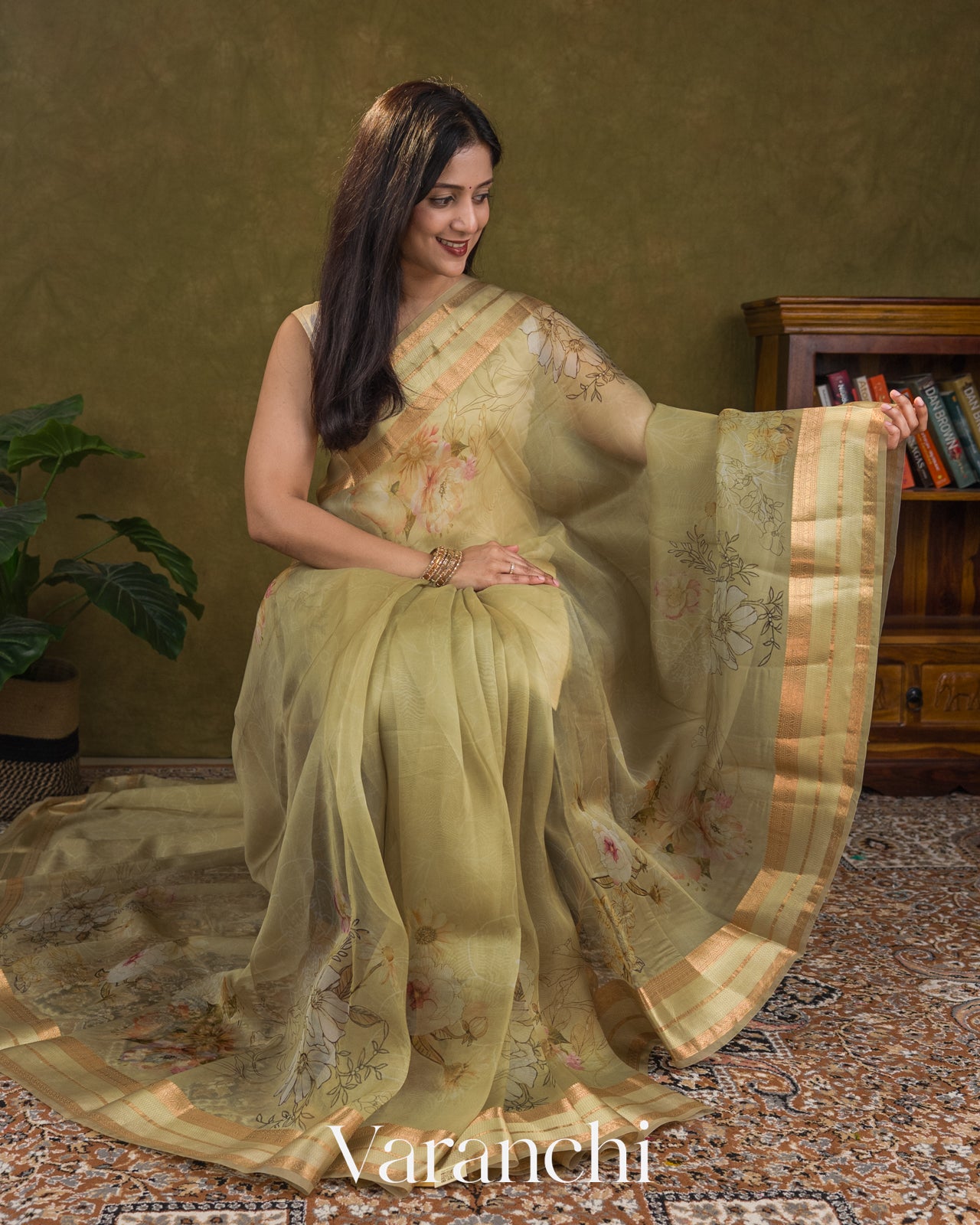 Sage Green Floral Printed Pure Kora Silk Saree