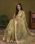 Sage Green Floral Printed Pure Kora Silk Saree