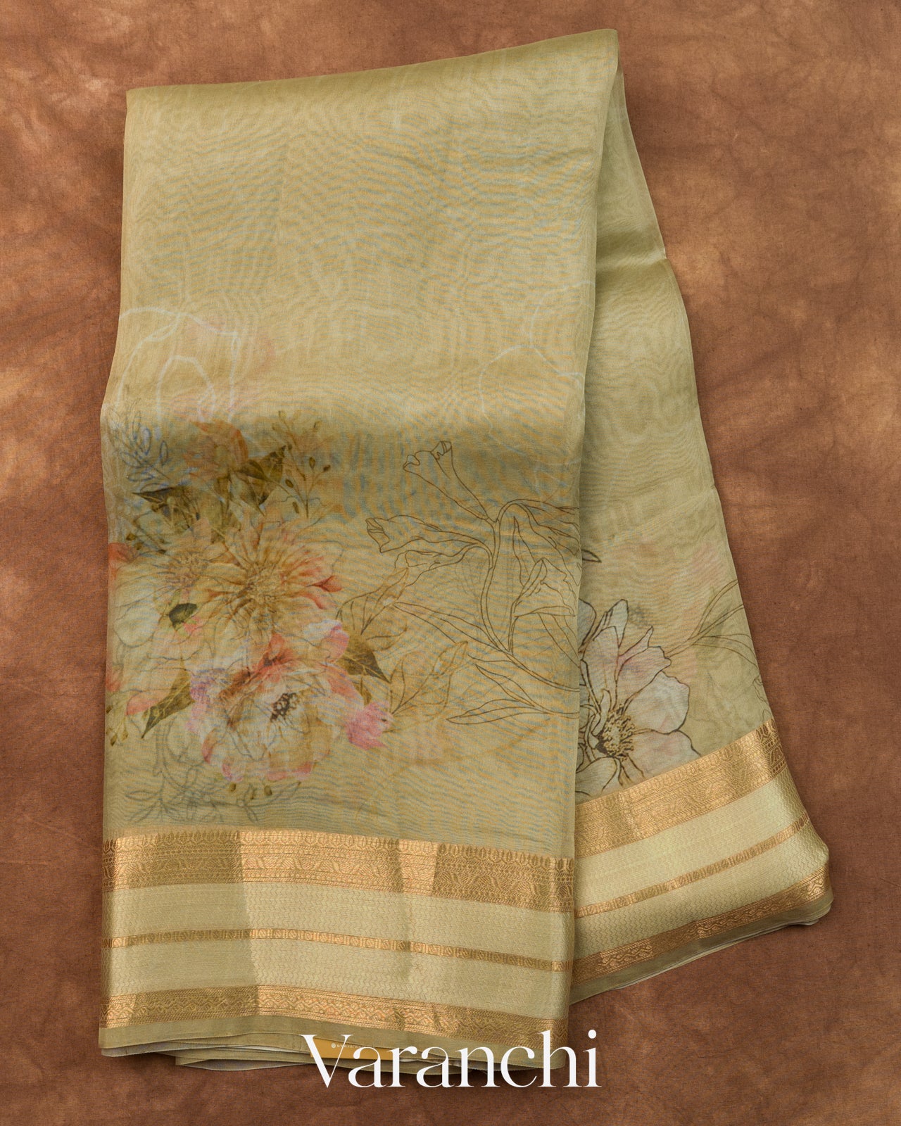 Sage Green Floral Printed Pure Kora Silk Saree