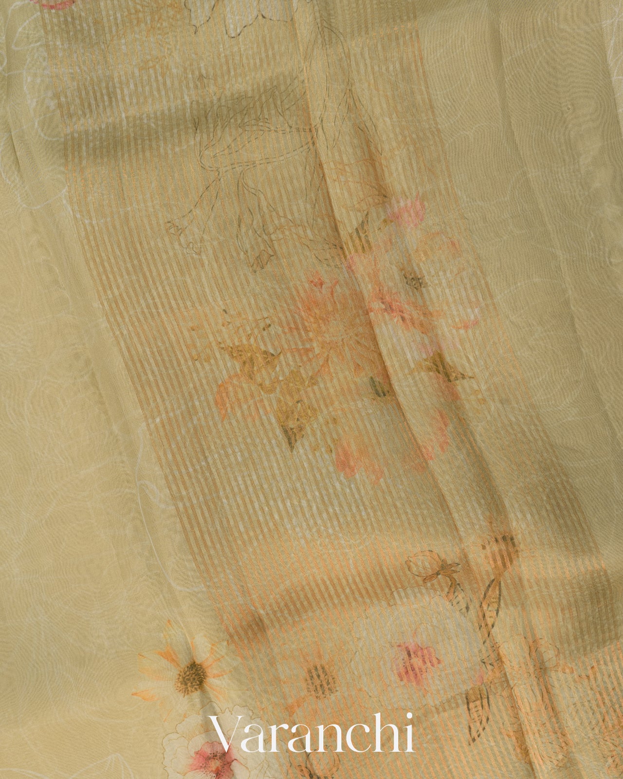 Sage Green Floral Printed Pure Kora Silk Saree