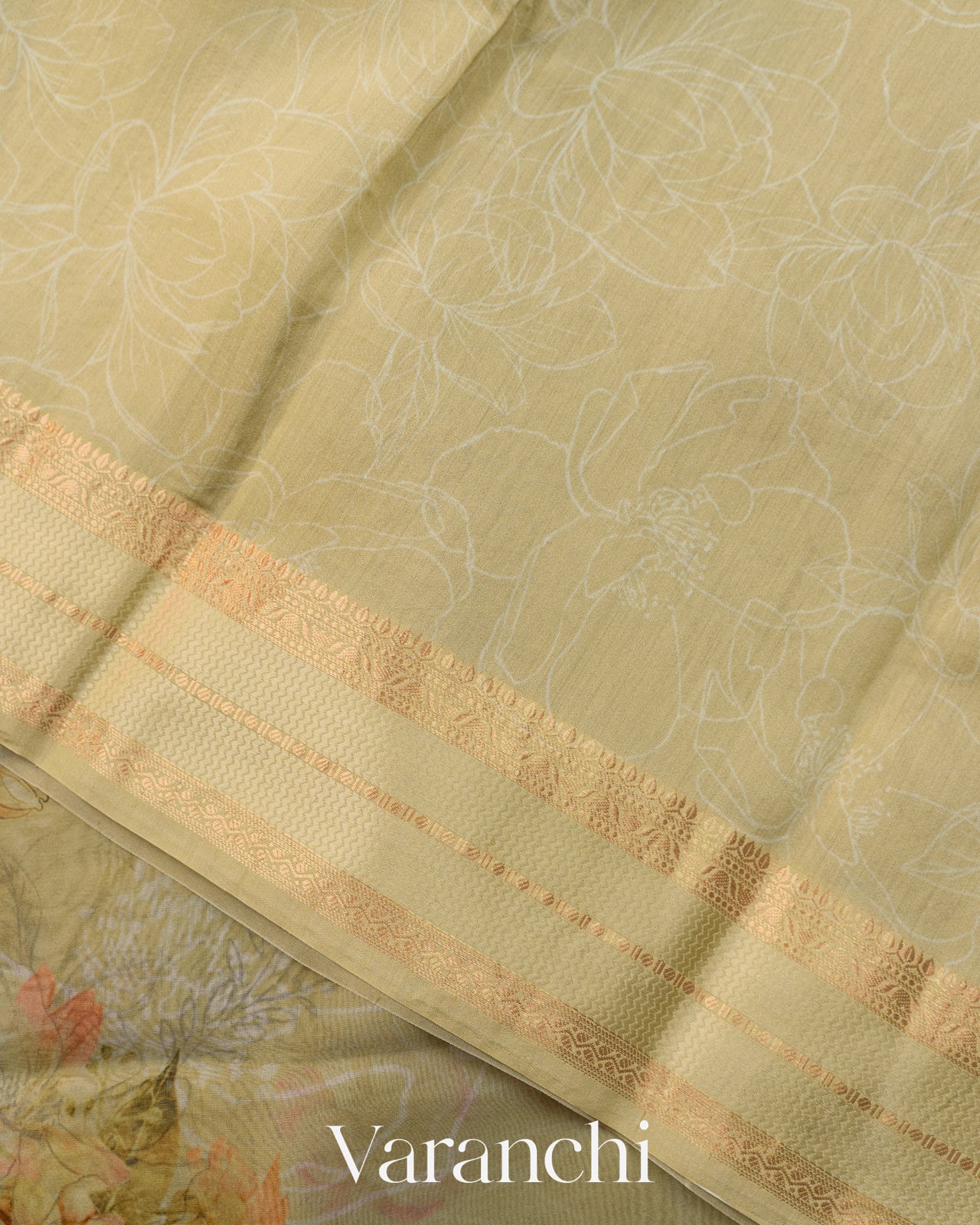Sage Green Floral Printed Pure Kora Silk Saree