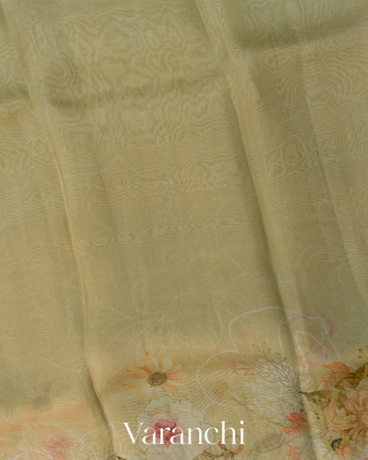 Sage Green Floral Printed Pure Kora Silk Saree