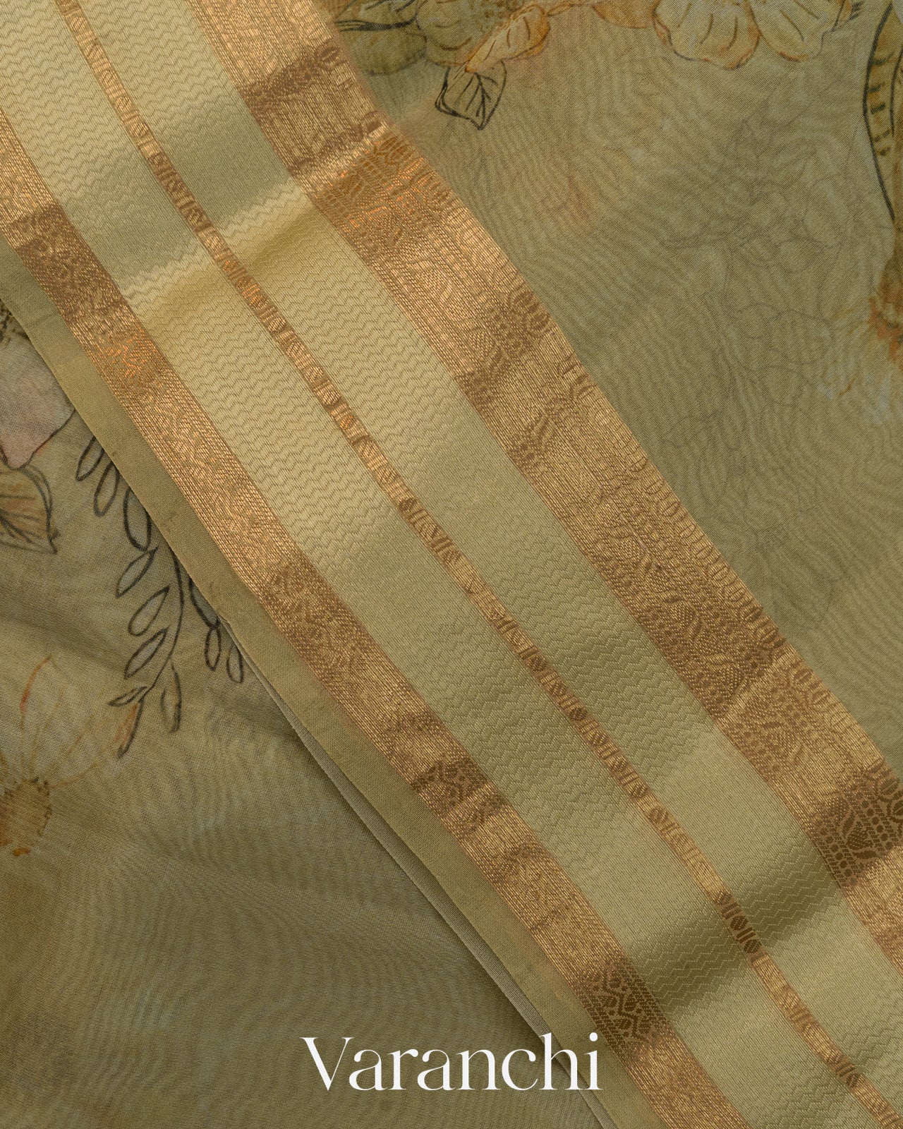 Sage Green Floral Printed Pure Kora Silk Saree