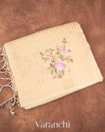 Ivory Floral Applique and Embroidered Pure Kora Silk Saree