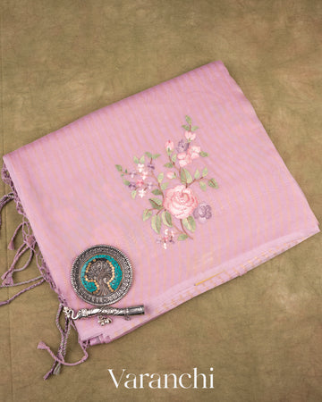 Lilac Floral Applique and Embroidered Pure Kora Silk Saree
