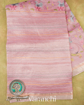 Baby Pink Paithani Embroidered Pure Tissue Kora Silk Saree