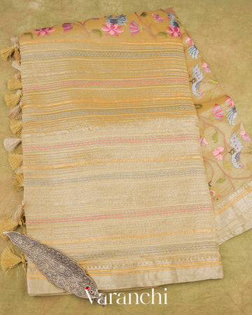 Light Mustard Paithani Embroidered Pure Tissue Kora Silk Saree