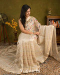 Pearl White Embroidered Pure Tissue Kora Silk Saree