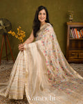 Pearl White Embroidered Pure Tissue Kora Silk Saree