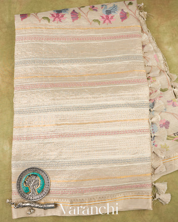 Pearl White Paithani Embroidered Pure Tissue Kora Silk Saree