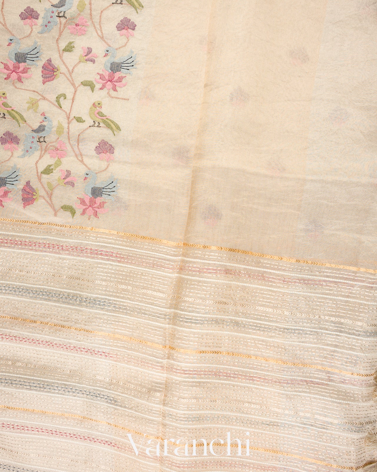 Pearl White Embroidered Pure Tissue Kora Silk Saree