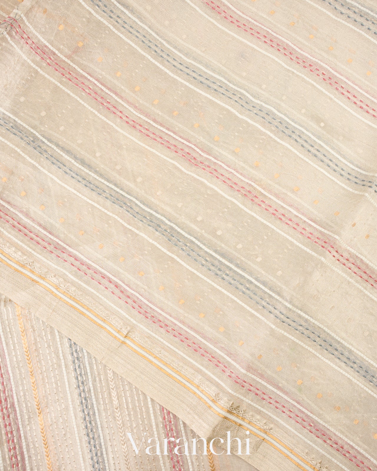 Pearl White Embroidered Pure Tissue Kora Silk Saree