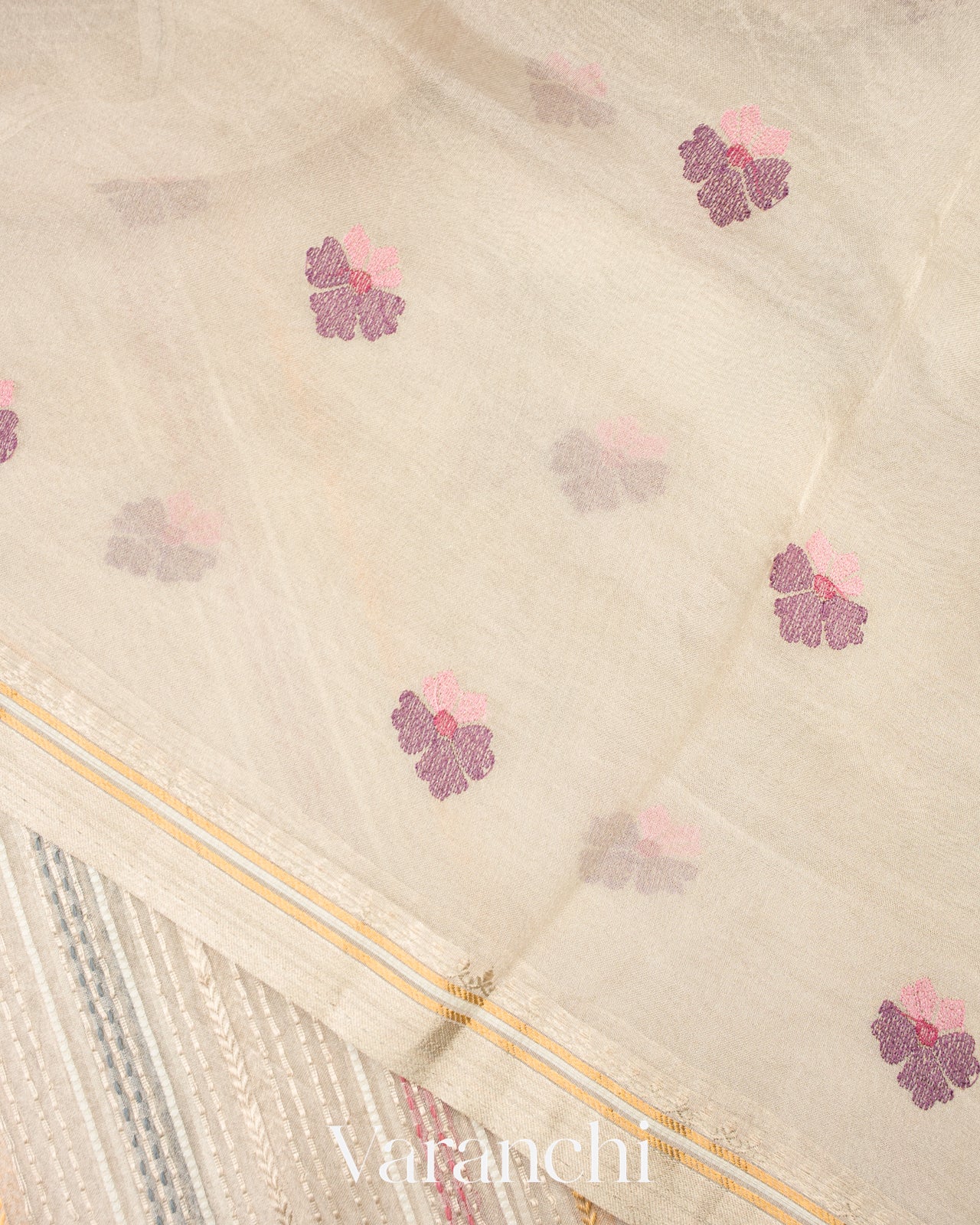 Pearl White Embroidered Pure Tissue Kora Silk Saree
