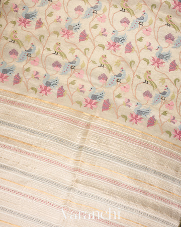 Pearl White Embroidered Pure Tissue Kora Silk Saree