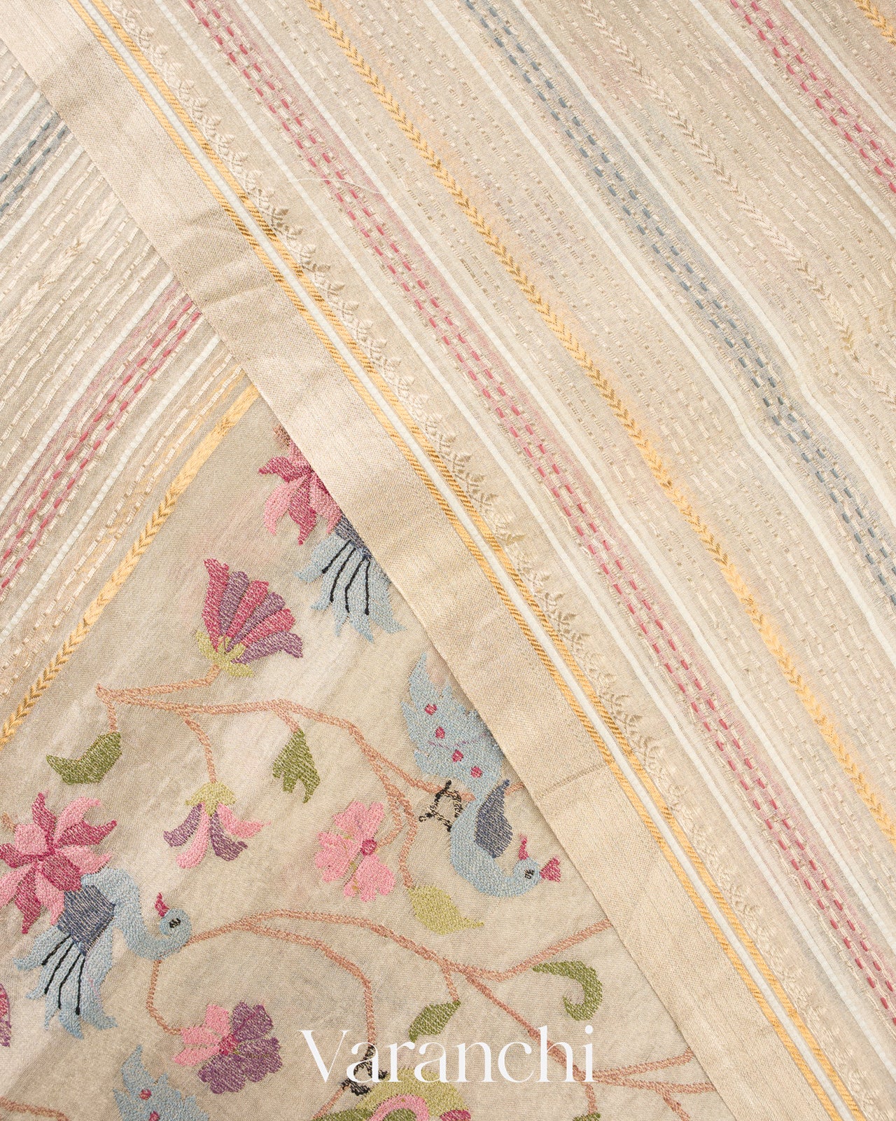 Pearl White Embroidered Pure Tissue Kora Silk Saree