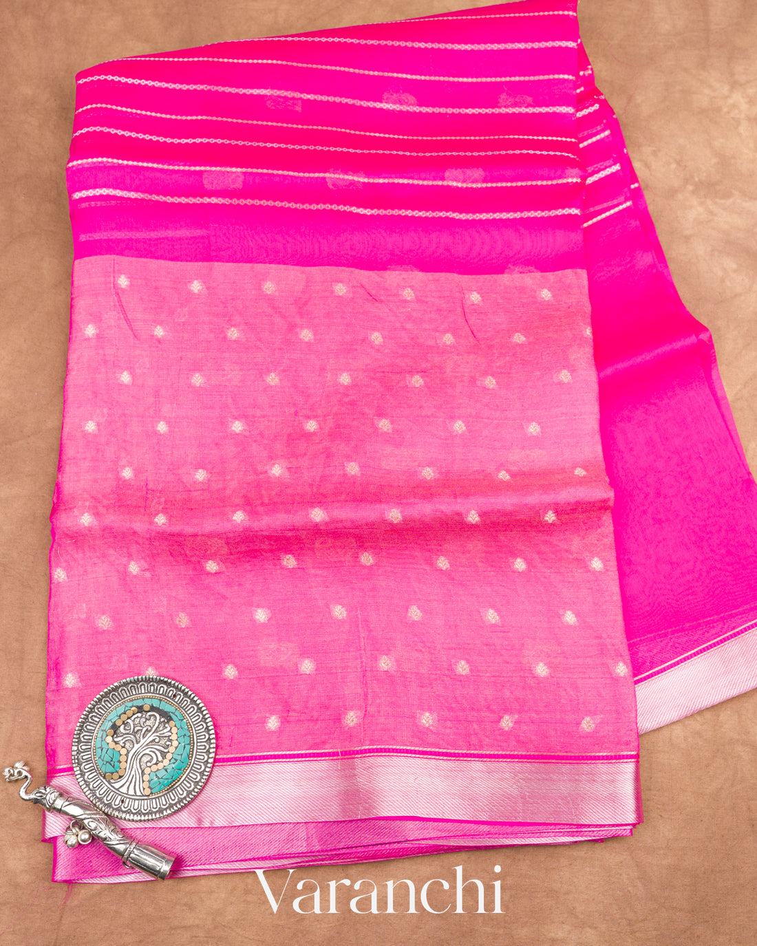 Rani Pink Tissue Pure Kora Silk Saree