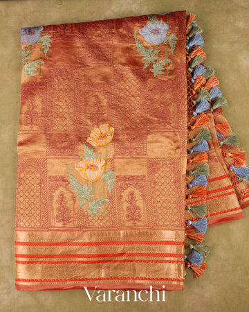 Burnt Orange All-Over Embroidered Pure Tissue Kora Silk Saree