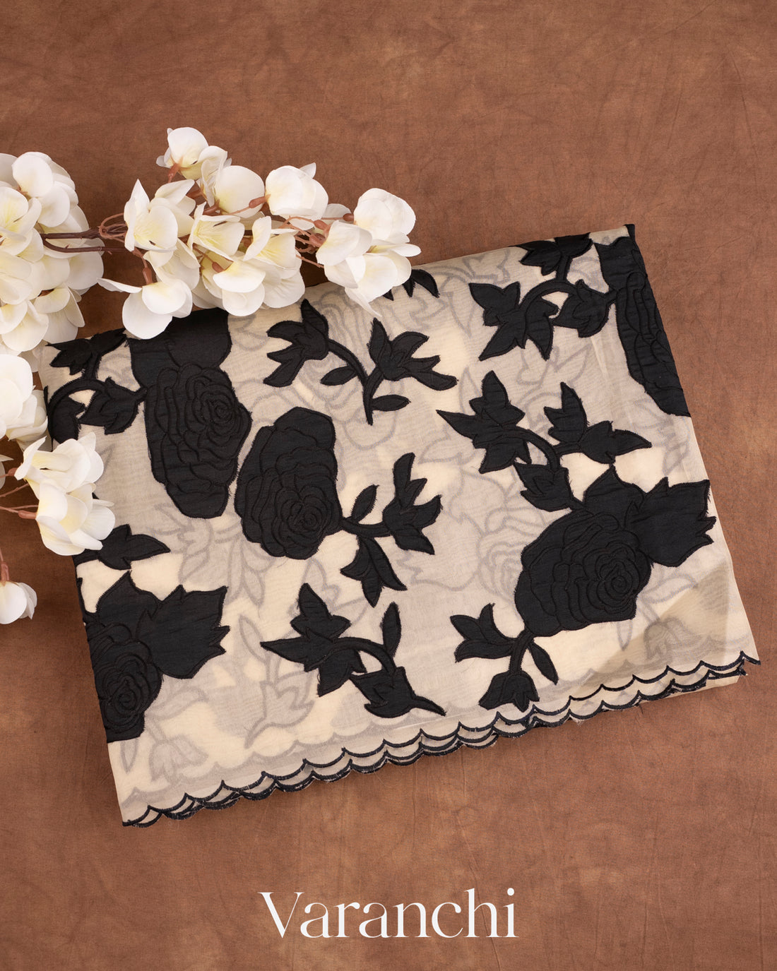 Off White and Black Applique and Embroidered Pure Kora Silk Saree