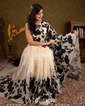 Off White and Black Applique and Embroidered Pure Kora Silk Saree