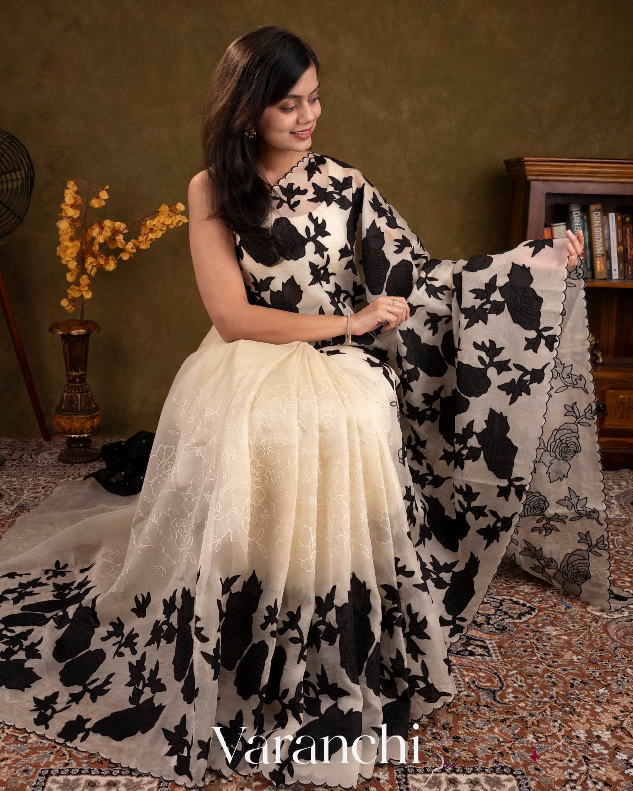 Off White and Black Applique and Embroidered Pure Kora Silk Saree