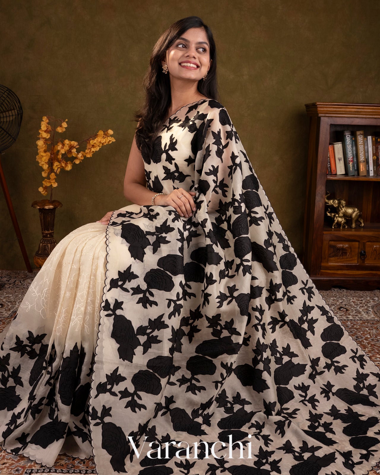 Off White and Black Applique and Embroidered Pure Kora Silk Saree