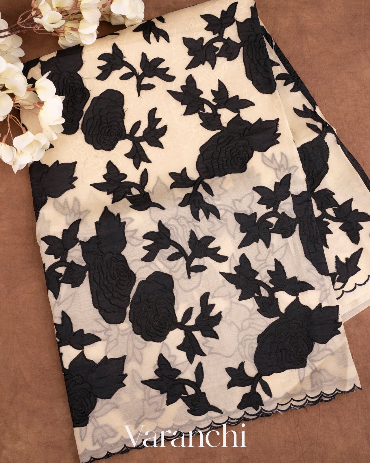 Off White and Black Applique and Embroidered Pure Kora Silk Saree