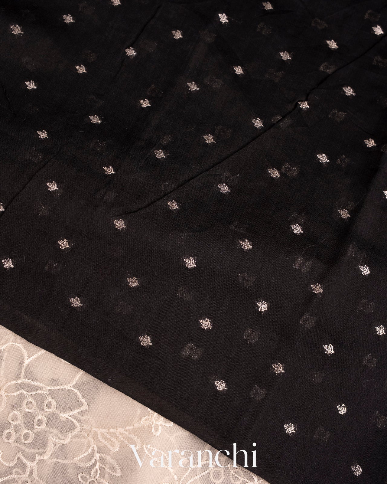 Off White and Black Applique and Embroidered Pure Kora Silk Saree