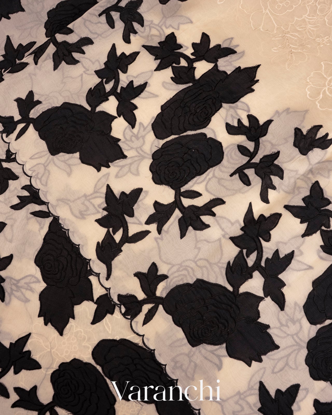 Off White and Black Applique and Embroidered Pure Kora Silk Saree