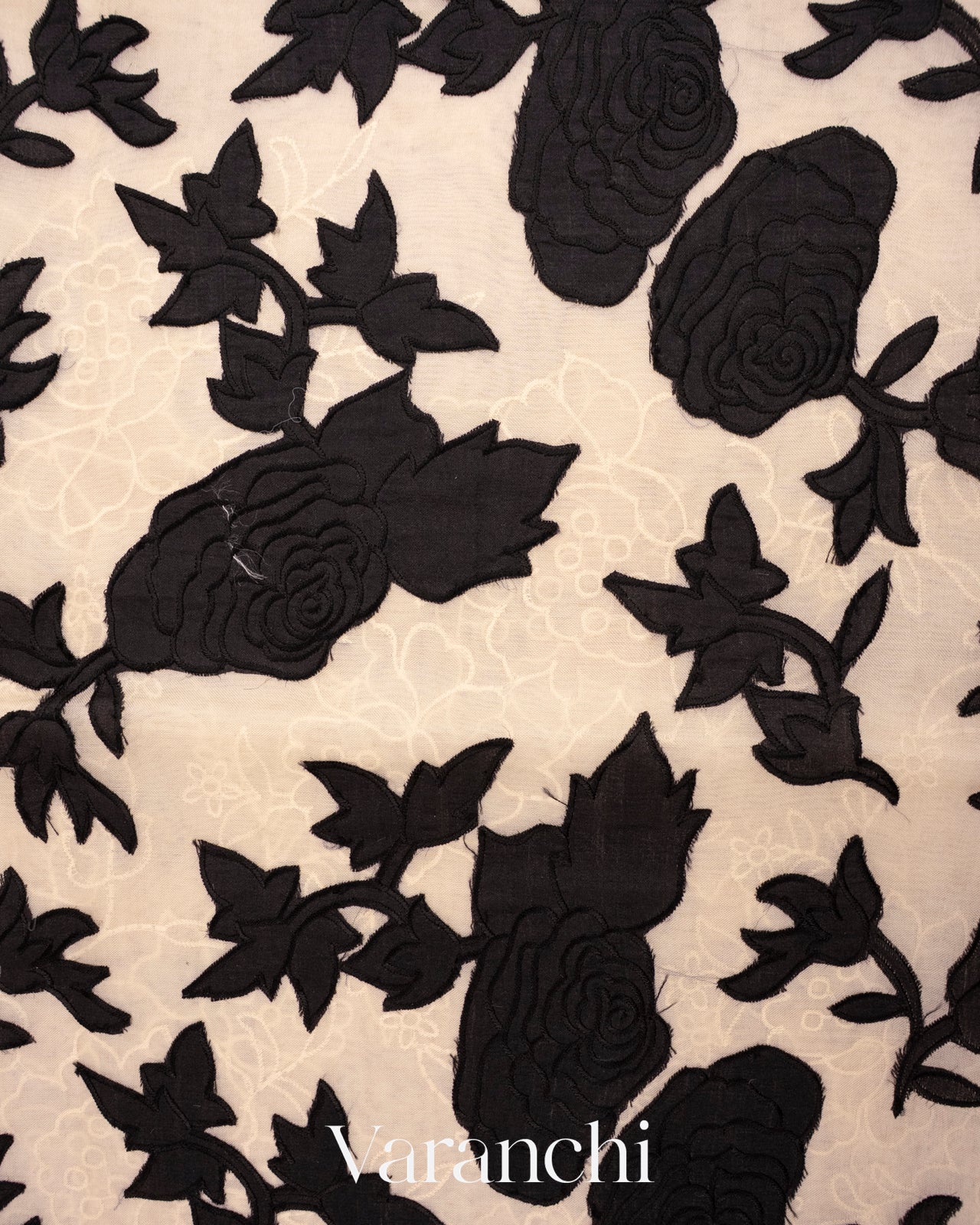 Off White and Black Applique and Embroidered Pure Kora Silk Saree