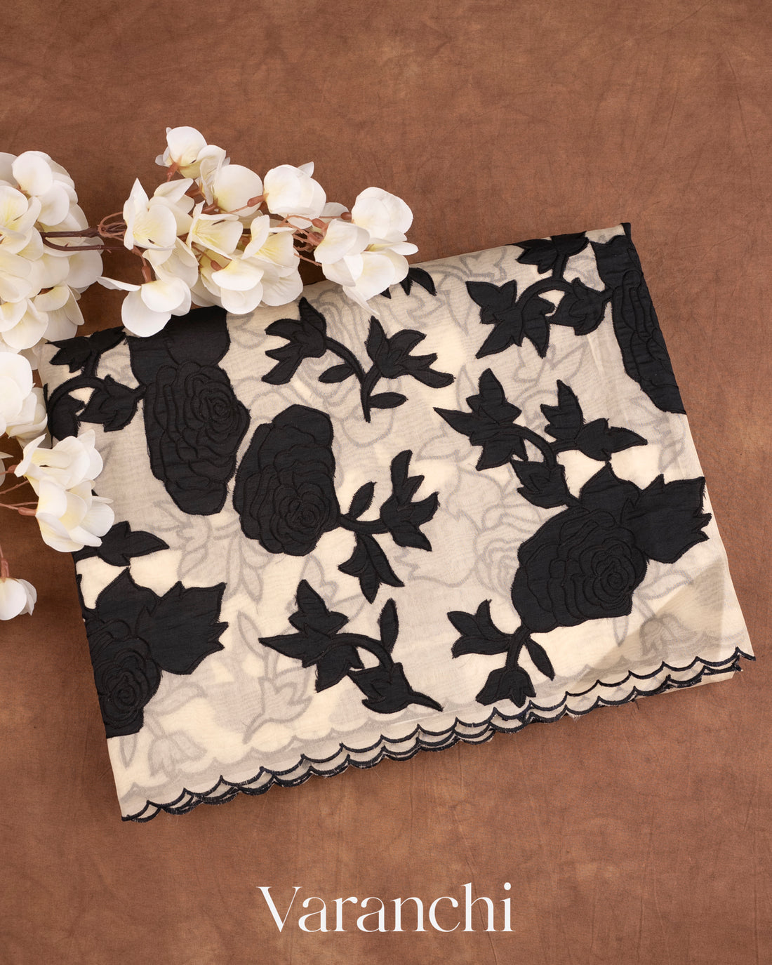 Off White and Black Applique and Embroidered Pure Kora Silk Saree