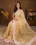 Biscuit Beige with Embroidered Border Pure Kora Silk Saree