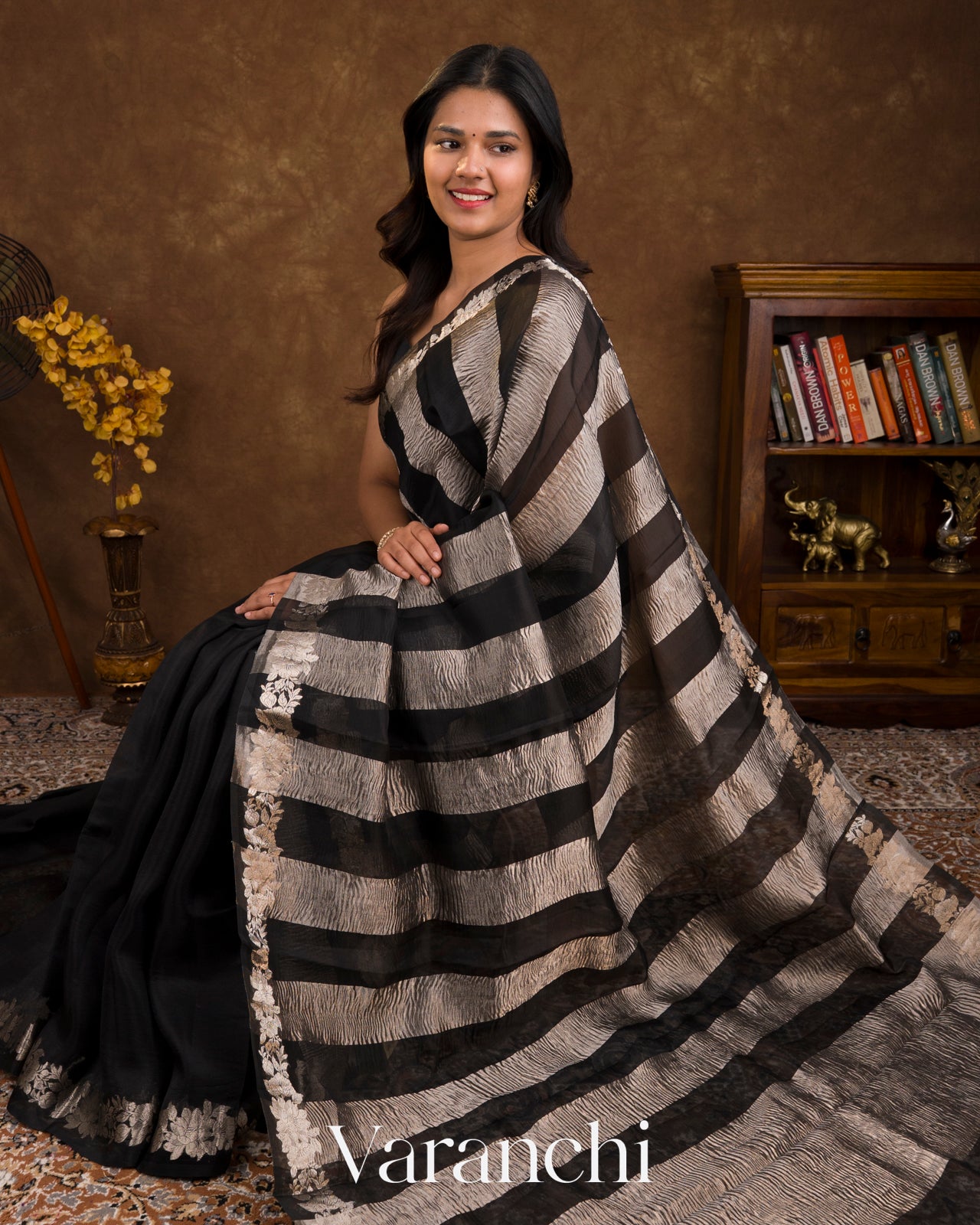 Jet Black Tissue Striped Pure Kora Silk Saree