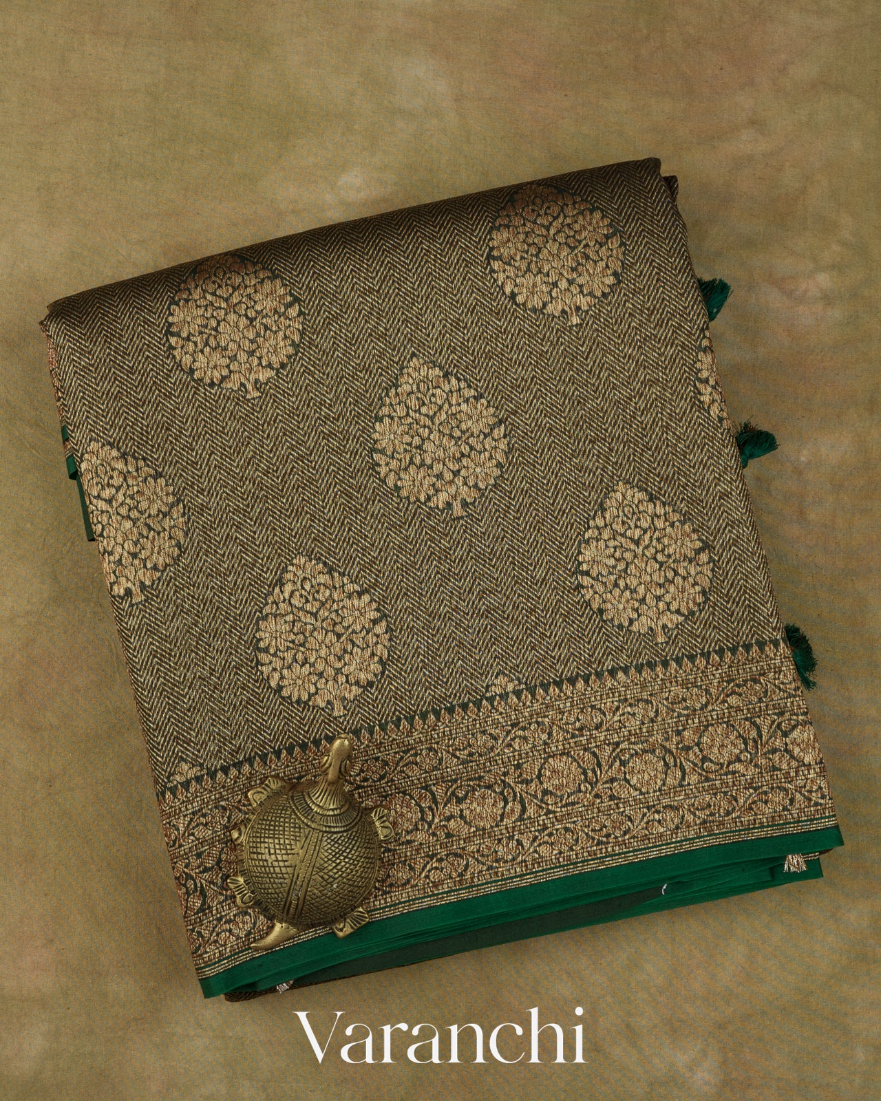 Bottle Green Floral Butta Pure Kora Silk Saree