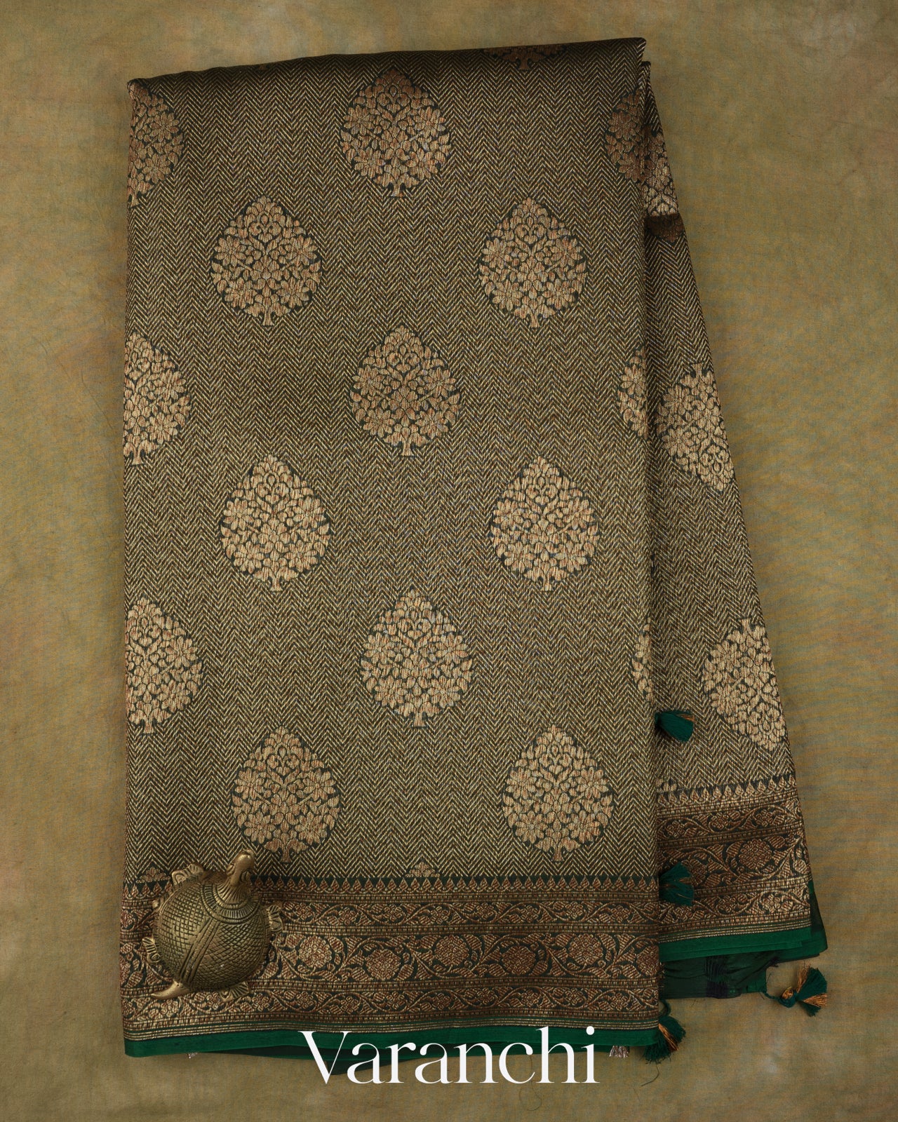 Bottle Green Floral Butta Pure Kora Silk Saree