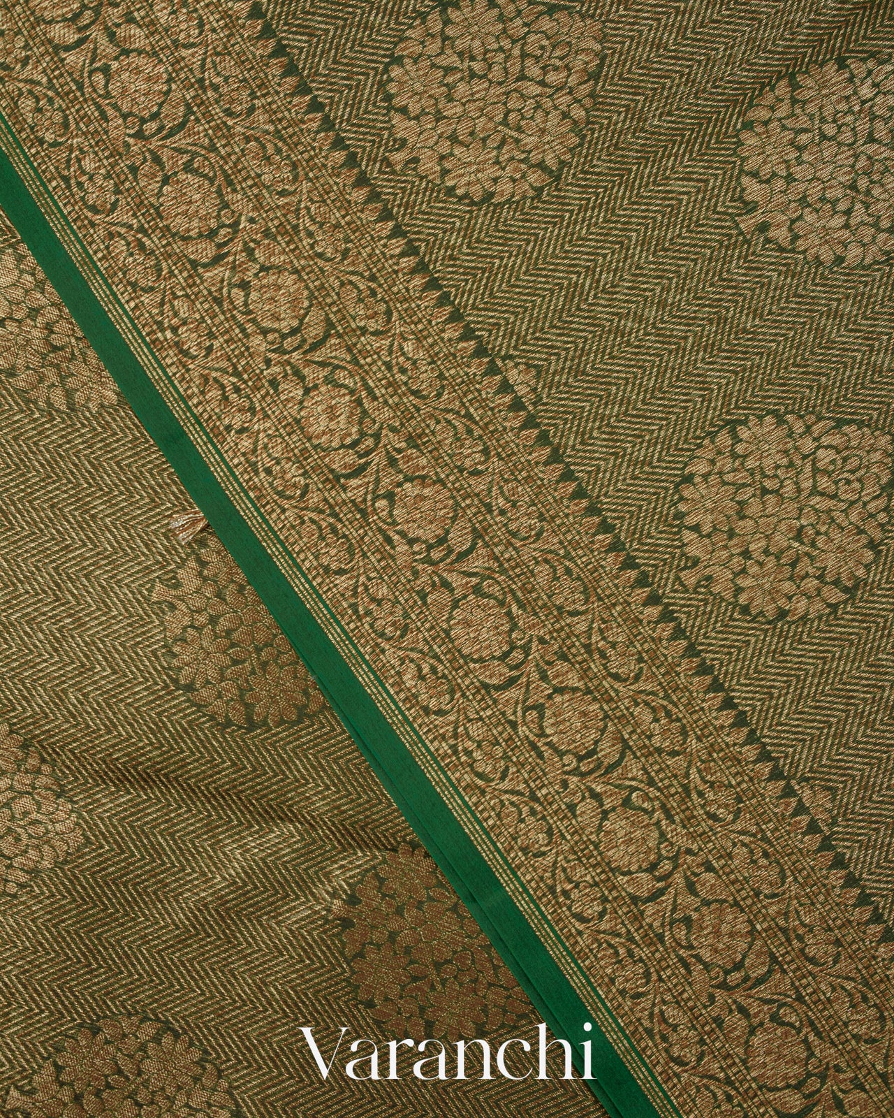 Bottle Green Floral Butta Pure Kora Silk Saree