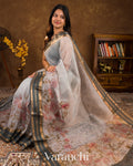 Ash-White Floral Printed Pure Kora Silk Saree