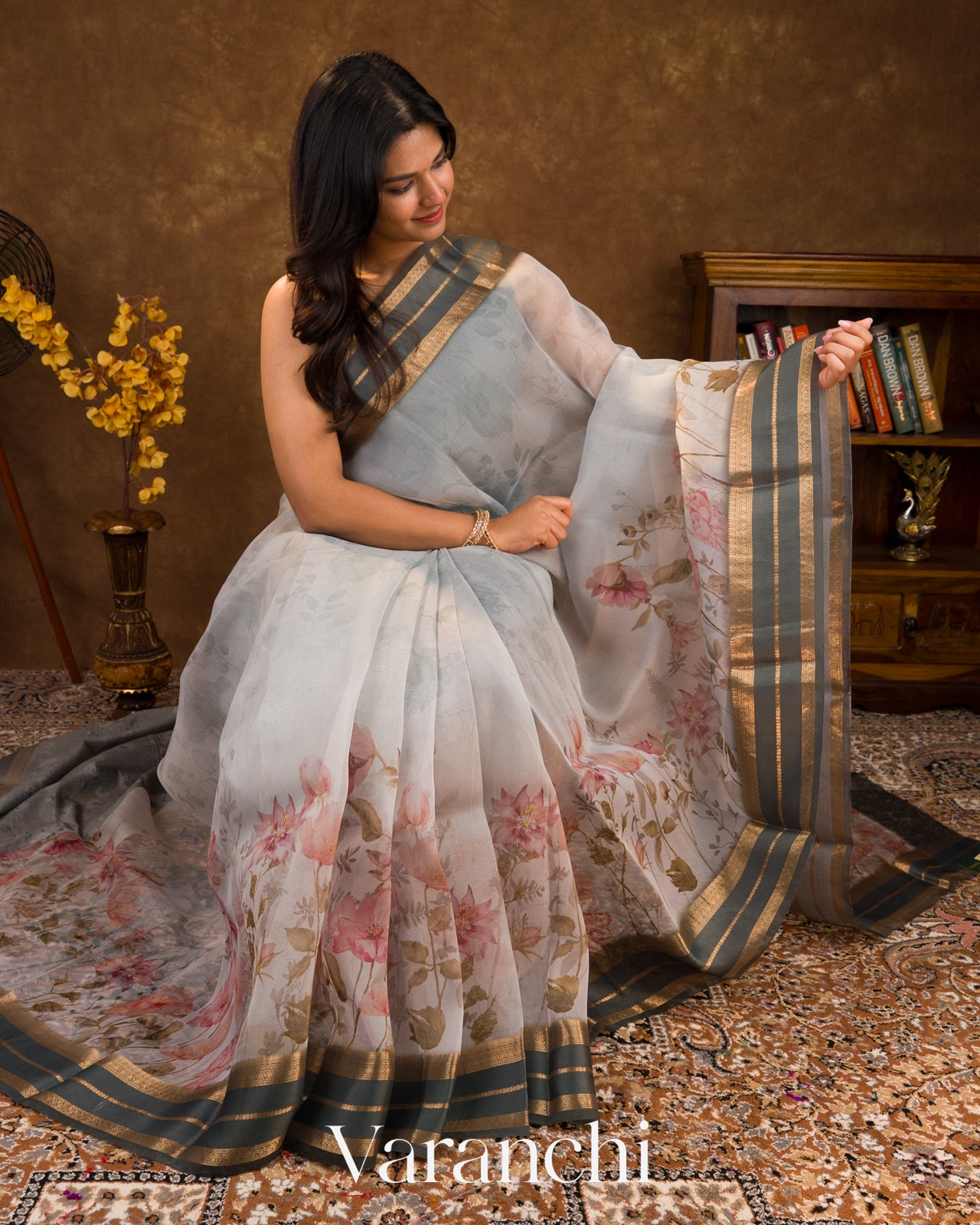 Ash-White Floral Printed Pure Kora Silk Saree