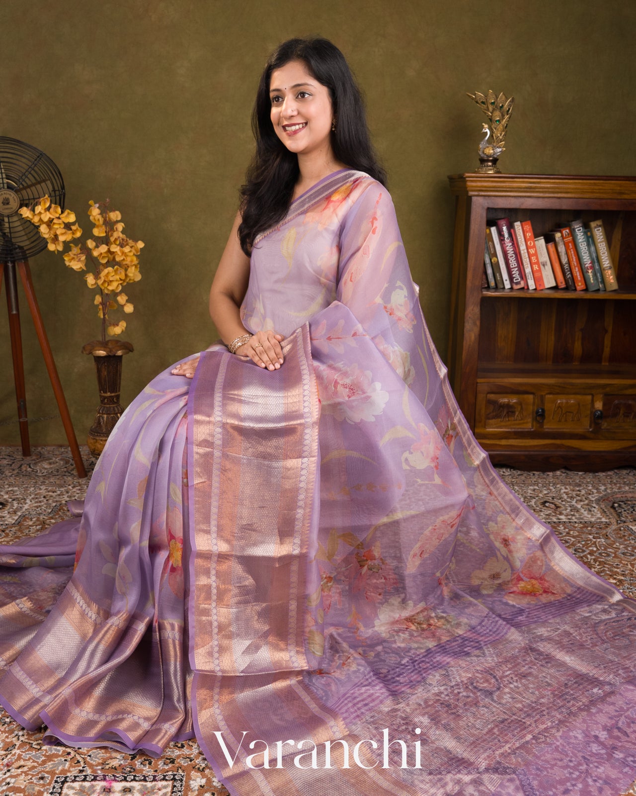 lavender–lilac Floral Printed Pure Kora Silk Saree